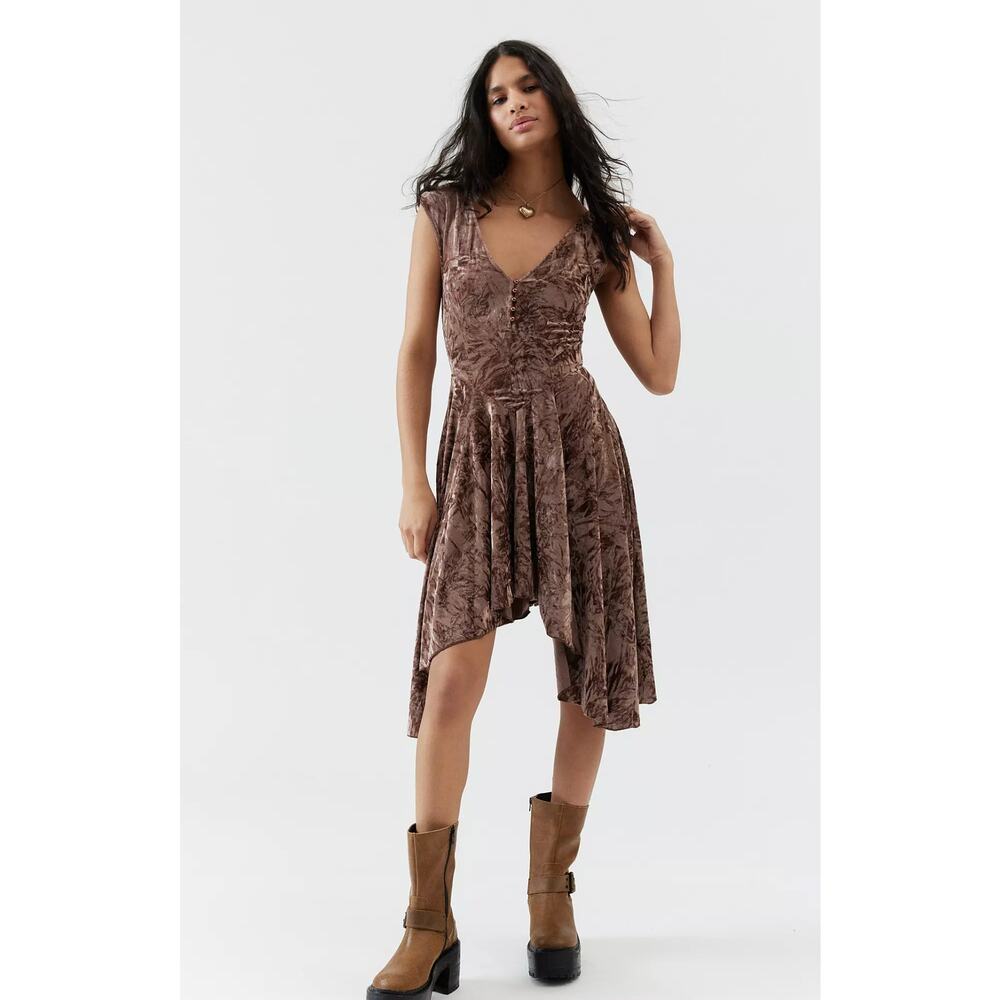 Silence + Noise Corina‎ Mini Dress Women's Size M Brown Crushed Velvet V-Neck